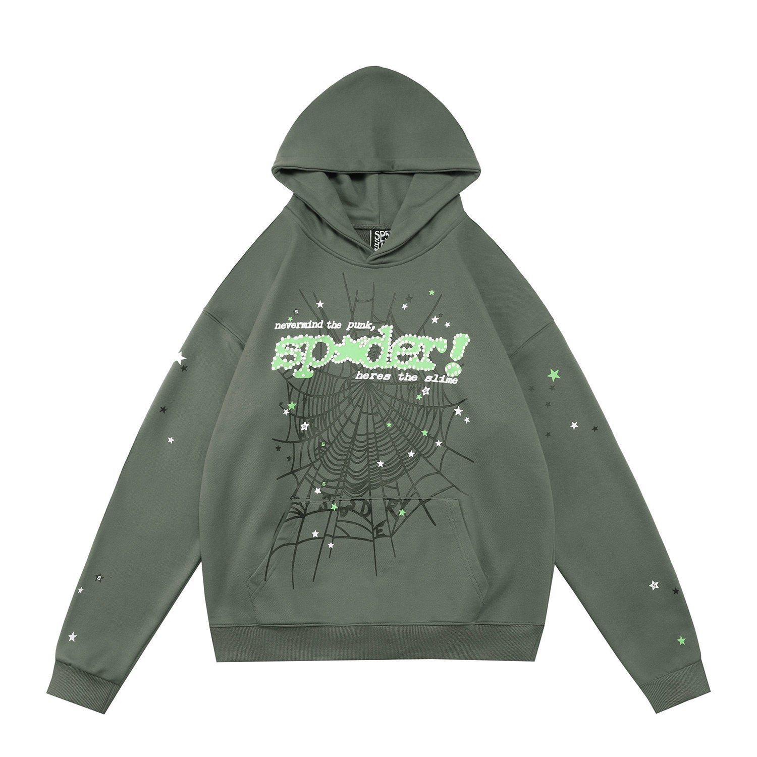 Spider sp5der punk web star slogan print sage green pullover hoodie