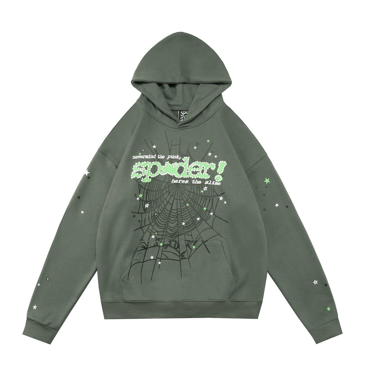 Spider sp5der punk web star slogan print sage green pullover hoodie