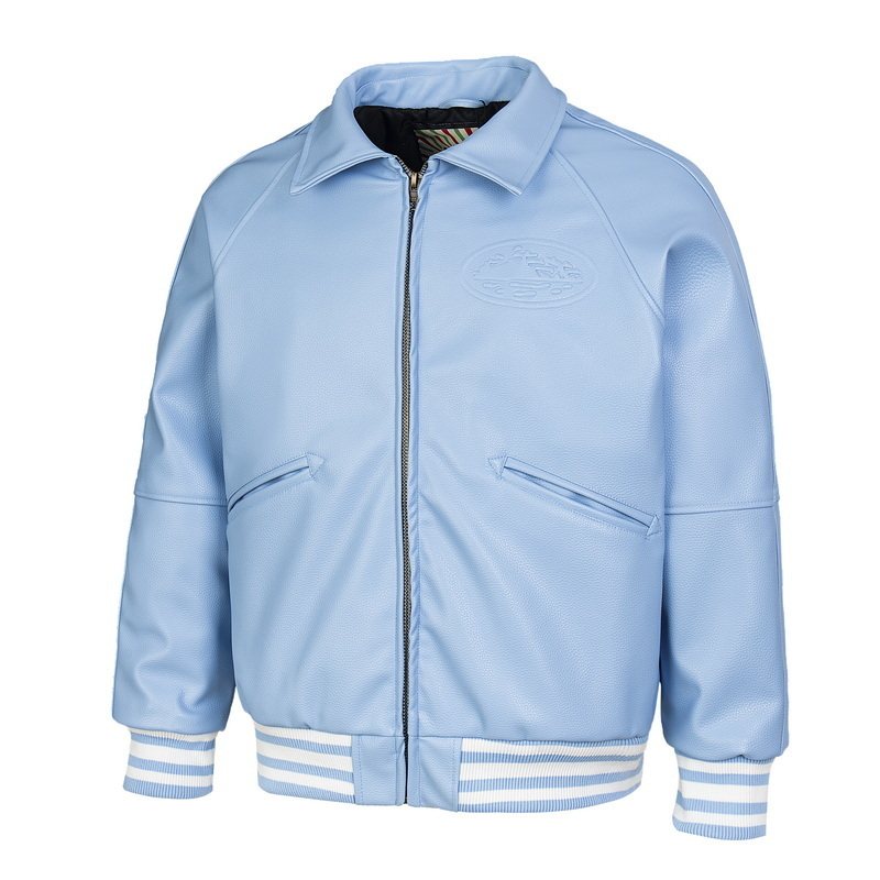 Corteiz Embossed Logo Light Blue Leather Varsity Jacket