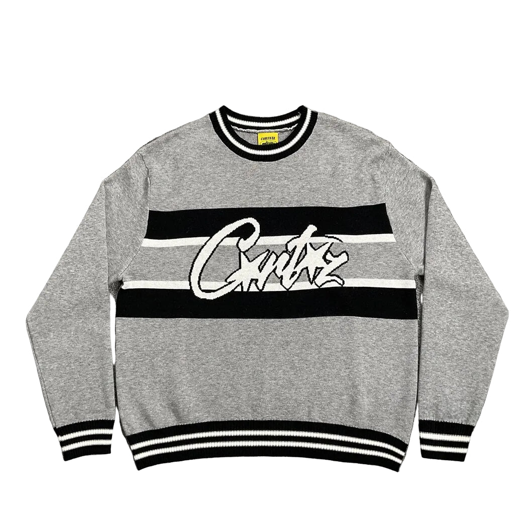 Corteiz Script Logo Striped Grey Knit Crewneck Sweater