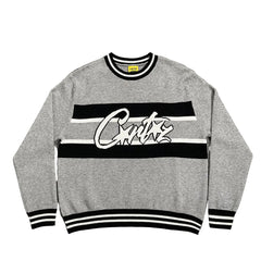 Corteiz Script Logo Striped Grey Knit Crewneck Sweater