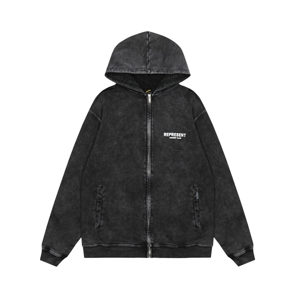 Represent Owners Club Vintage Washed Black Oversized Zip‑Up Hoodie