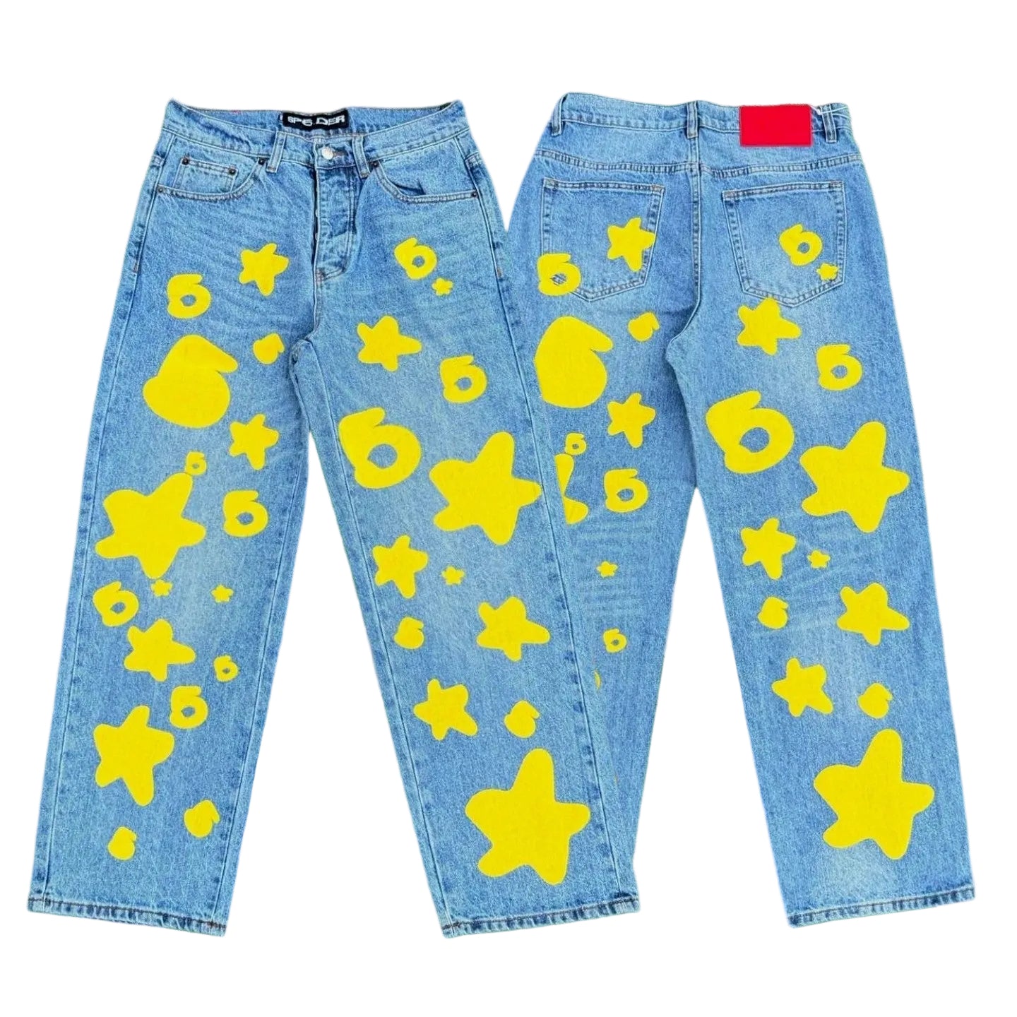 Spider yellow star 6 print light wash baggy denim jeans