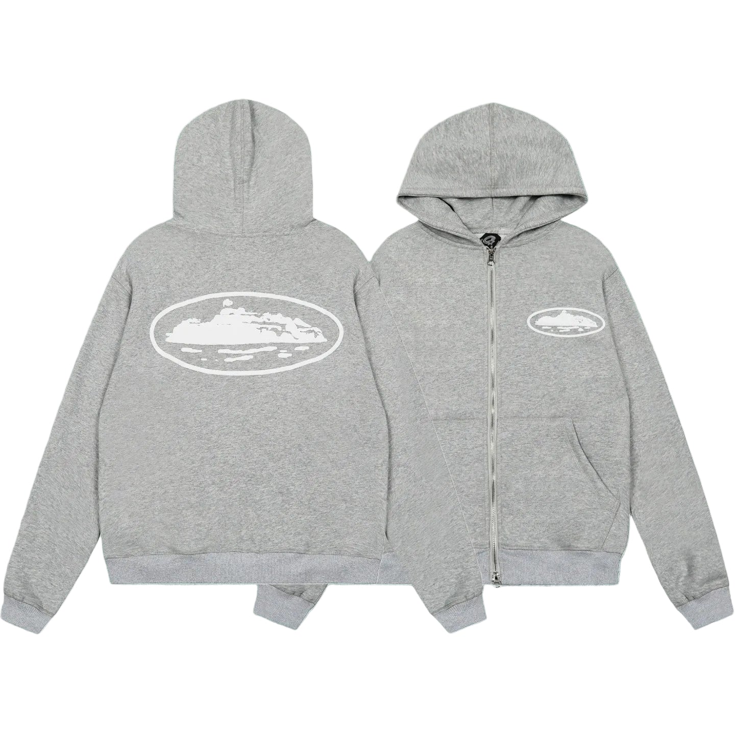 Corteiz Oval Island Logo Full‑Zip Heather Grey Hooded Jacket