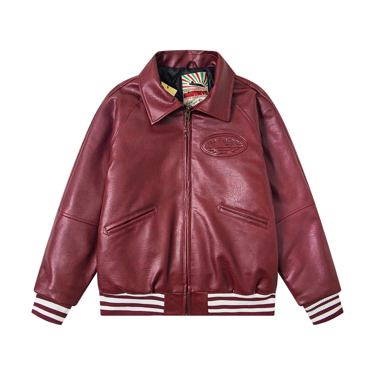 Corteiz Embossed Logo Burgundy Leather Varsity Jacket