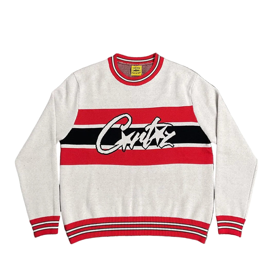 Corteiz Script Logo Striped White Knit Crewneck Sweater
