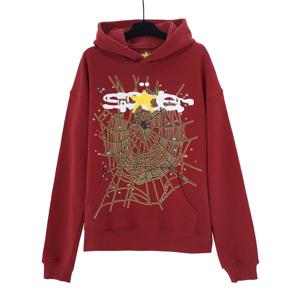 Spider star web graphic print burgundy pullover hoodie