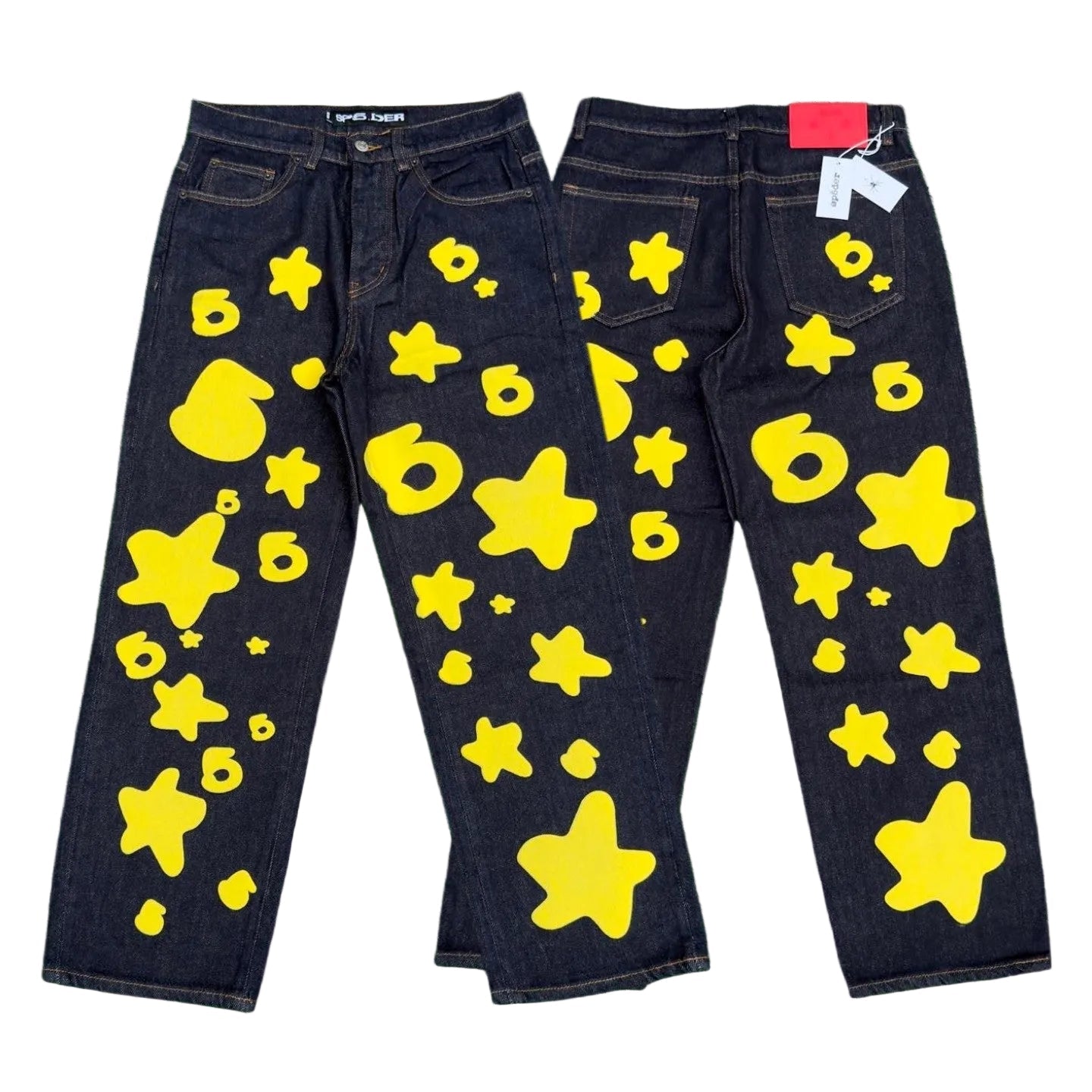 Spider yellow star 6 print raw indigo baggy denim jeans