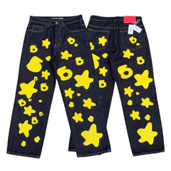 Spider yellow star 6 print raw indigo baggy denim jeans