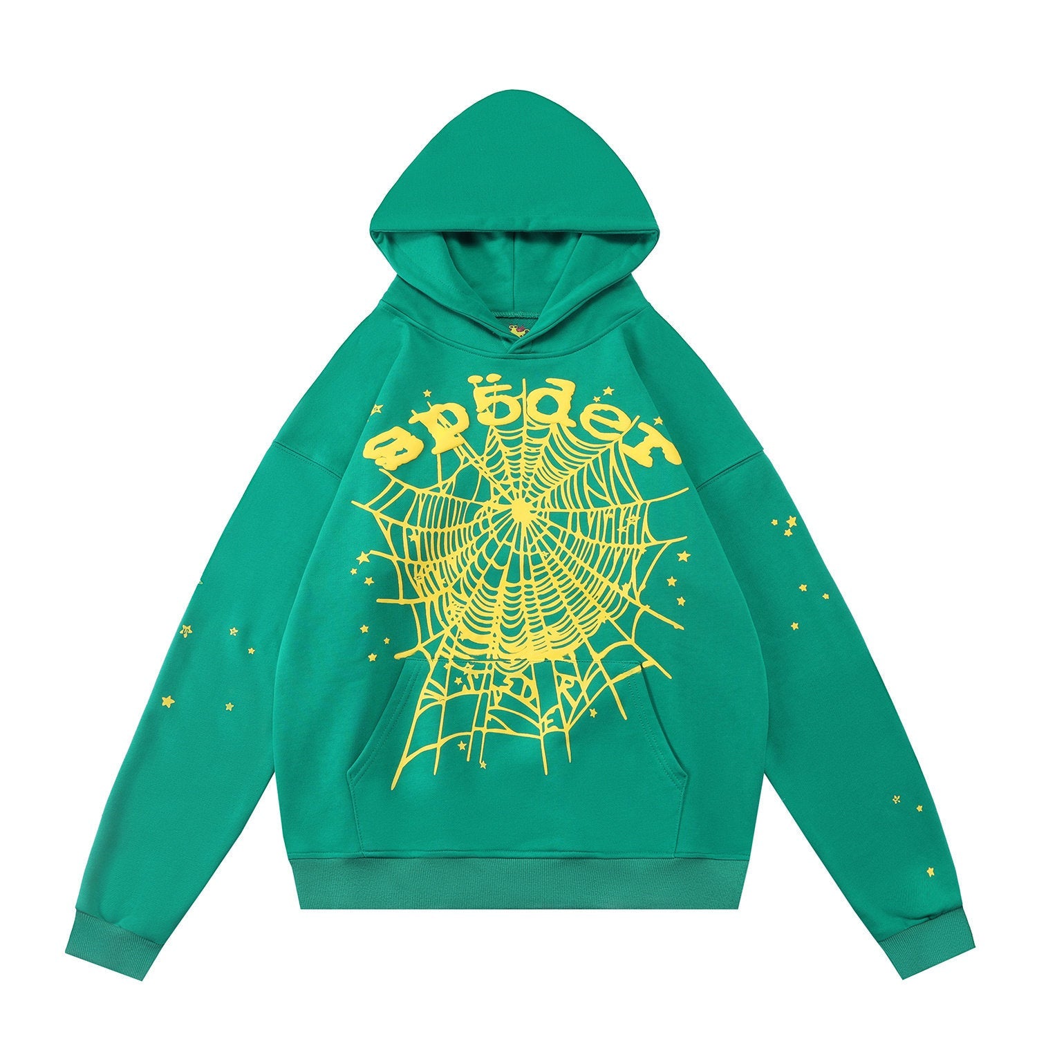 Spider sp5der yellow web star graphic print green pullover hoodie