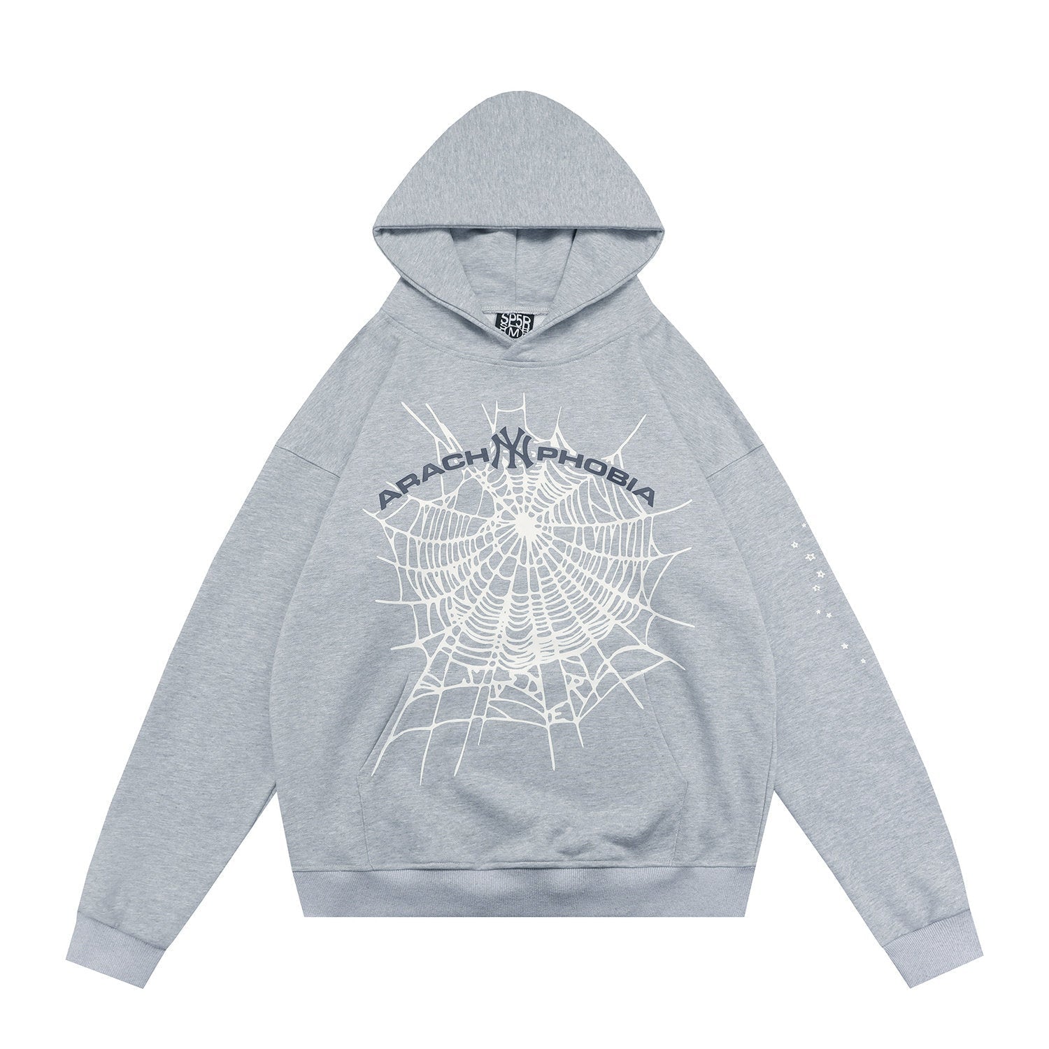 Spider arachnophobia web graphic print heather grey pullover hoodie