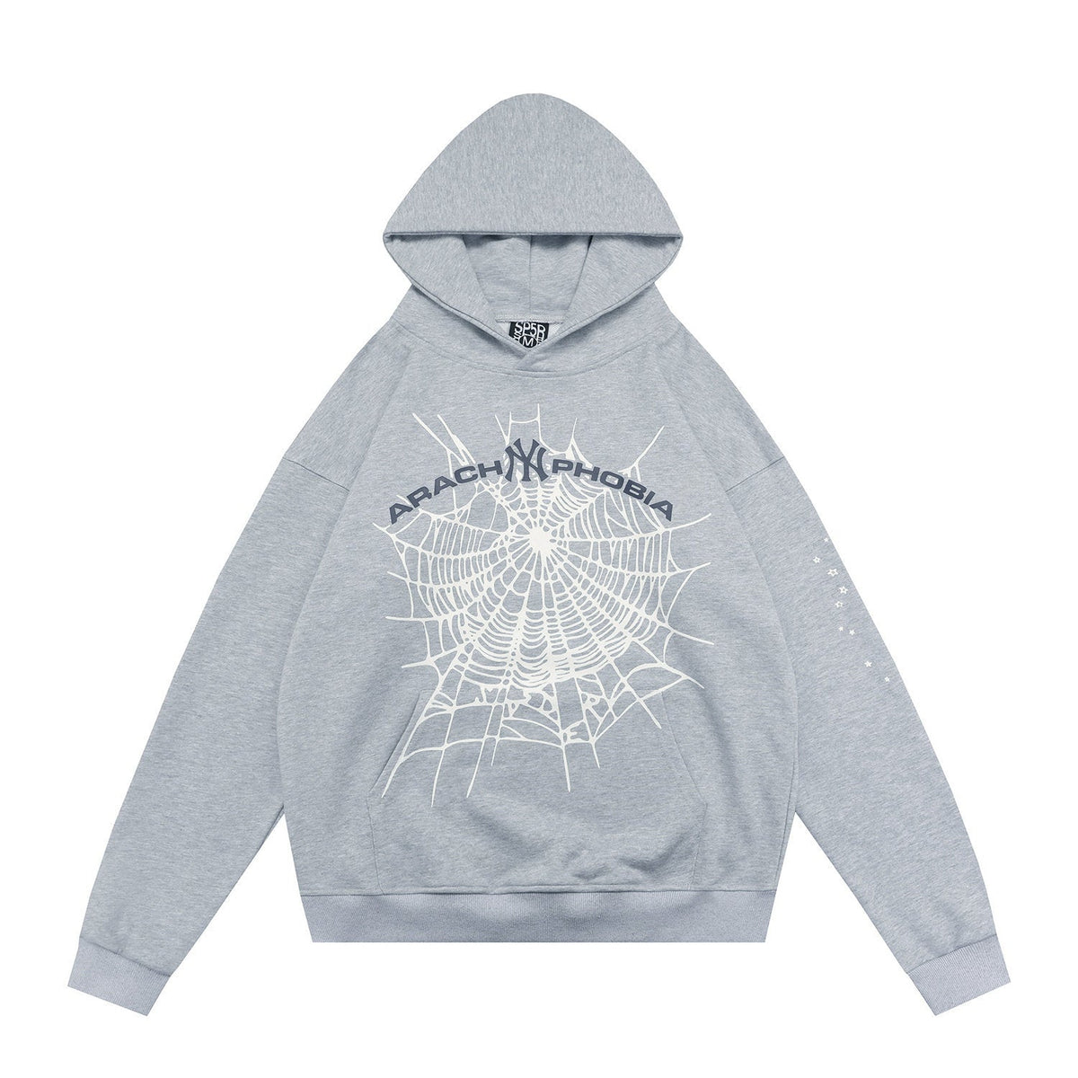 Spider arachnophobia web graphic print heather grey pullover hoodie