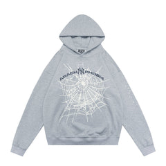 Spider arachnophobia web graphic print heather grey pullover hoodie