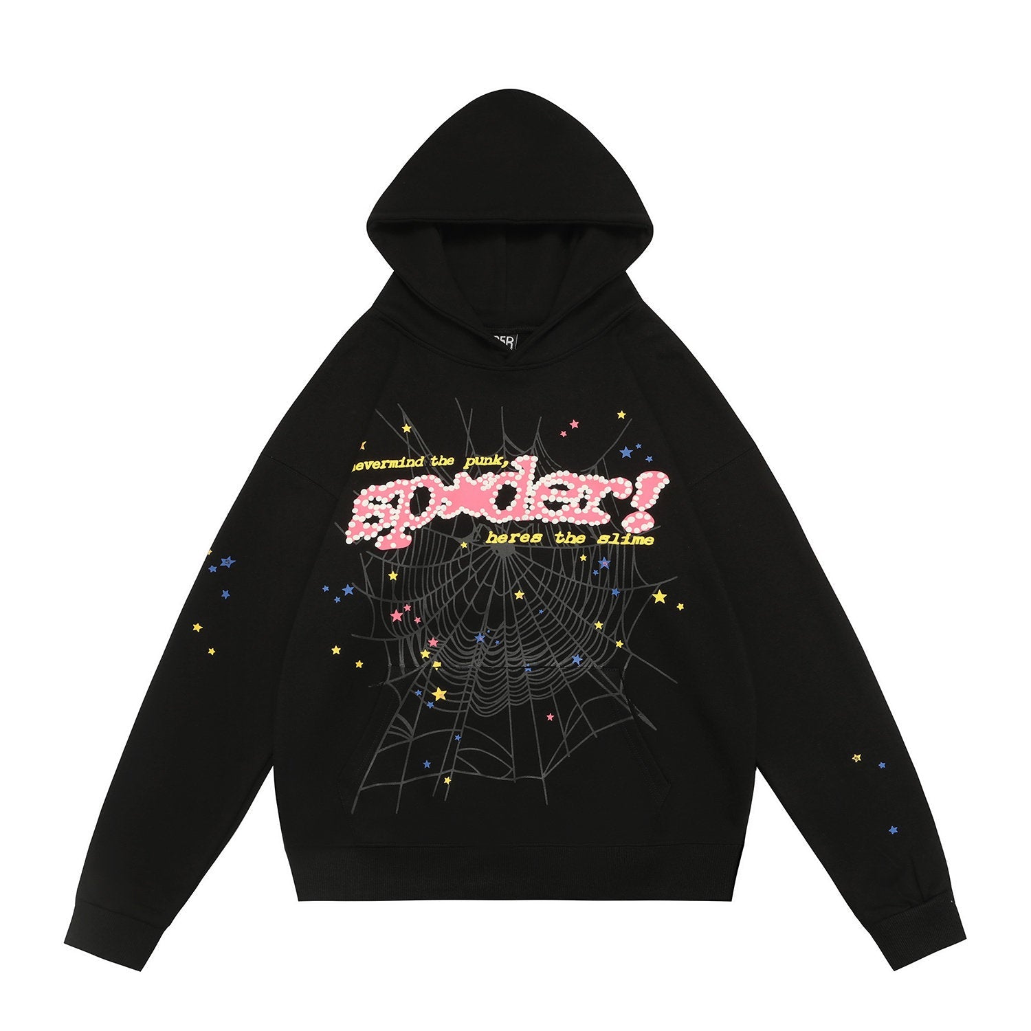 Spider star web slogan graphic print black pullover hoodie