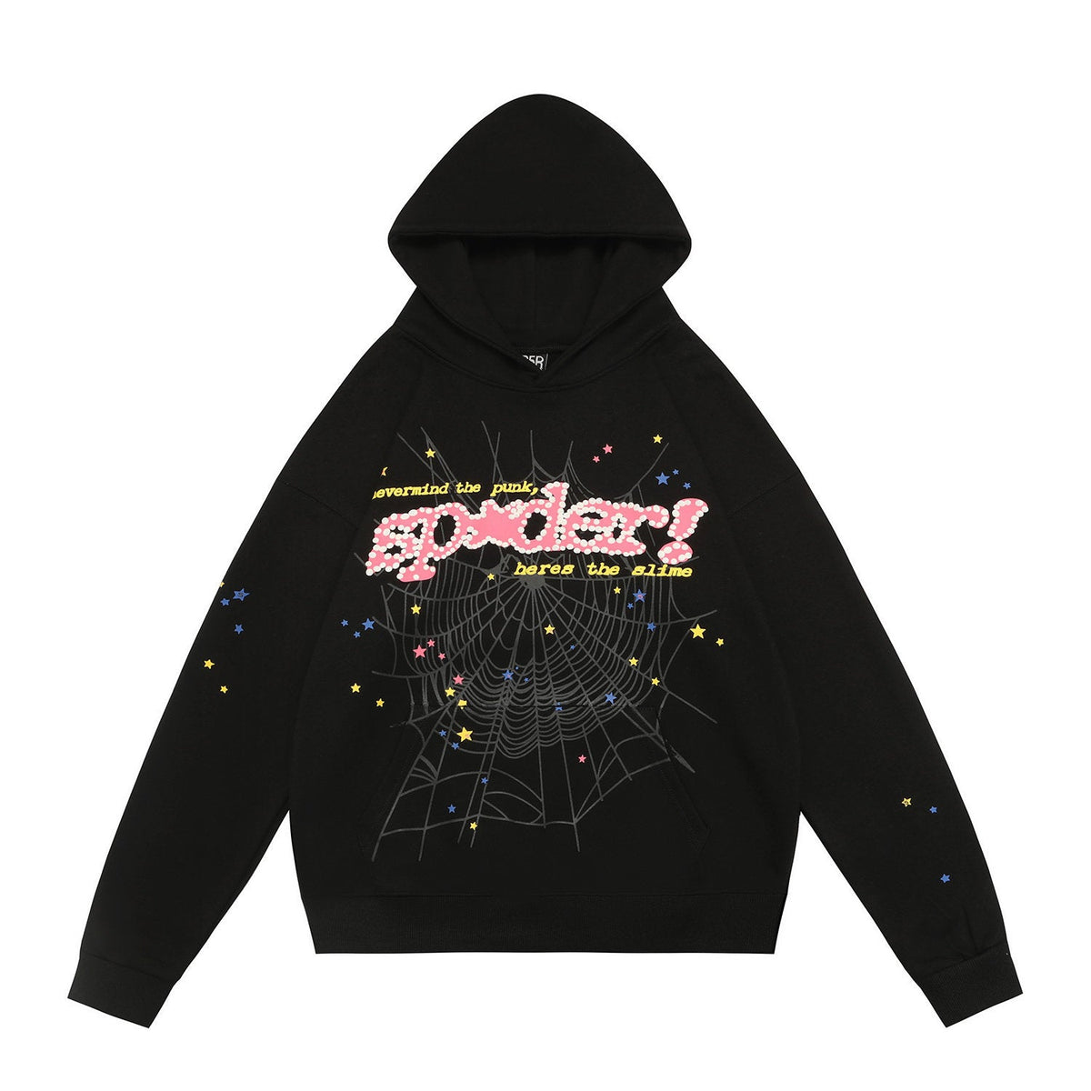 Spider star web slogan graphic print black pullover hoodie