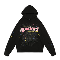 Spider star web slogan graphic print black pullover hoodie