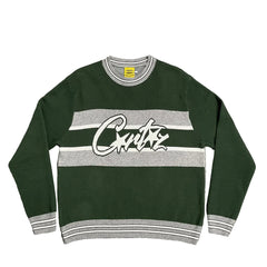 Corteiz Script Logo Striped Dark Green Knit Crewneck Sweater