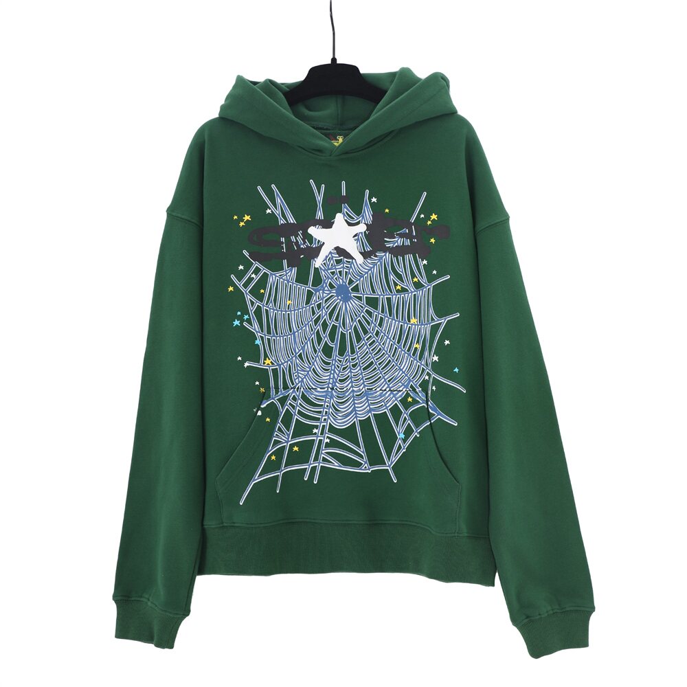 Spider star web graphic print dark green pullover hoodie