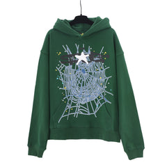 Spider star web graphic print dark green pullover hoodie