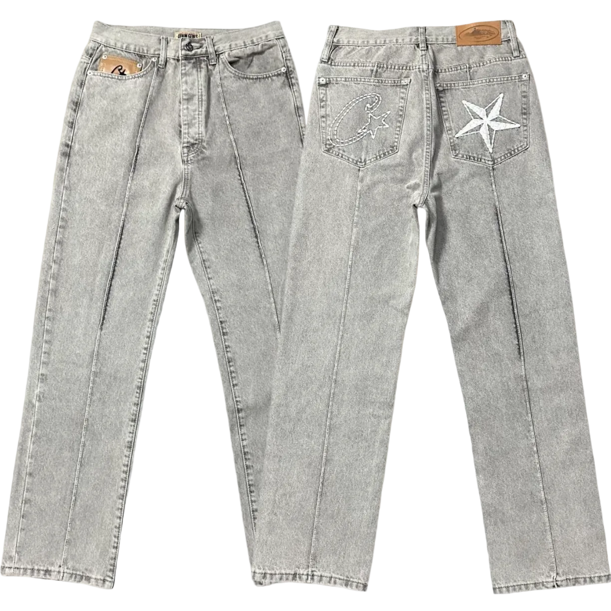 Corteiz C‑Star Embroidered Grey Washed Wide Leg Jeans