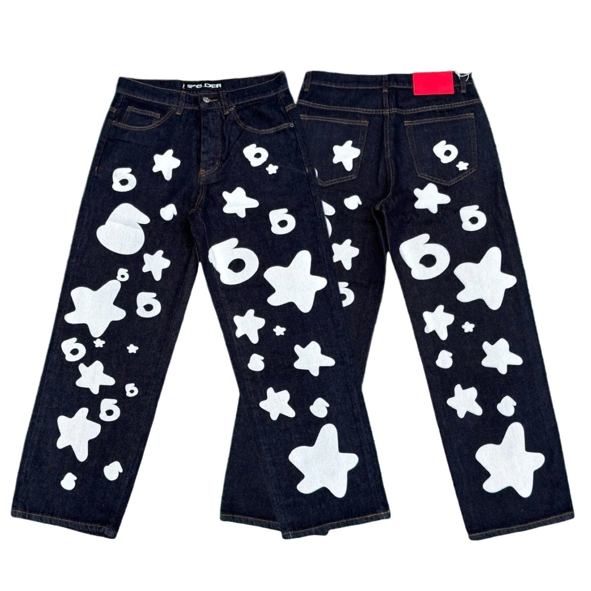 Spider white star & number 6 print raw indigo baggy denim jeans streetwear pants