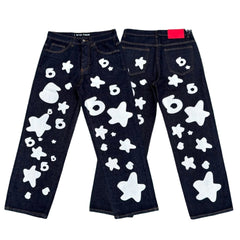 Spider white star & number 6 print raw indigo baggy denim jeans streetwear pants