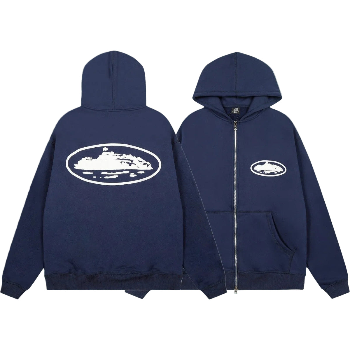 Corteiz Oval Island Logo Full‑Zip Navy Hooded Jacket