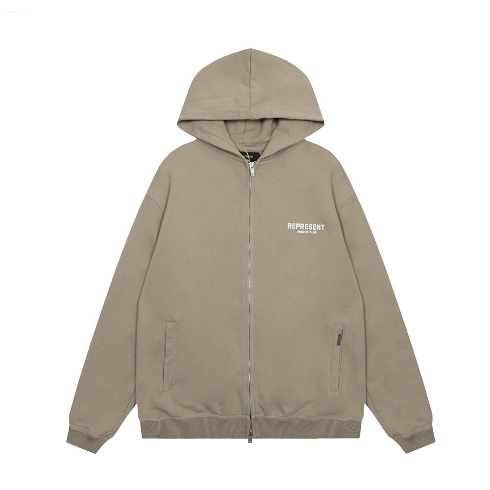 Represent Owners Club Taupe Oversized Full Zip‑Up Hoodie