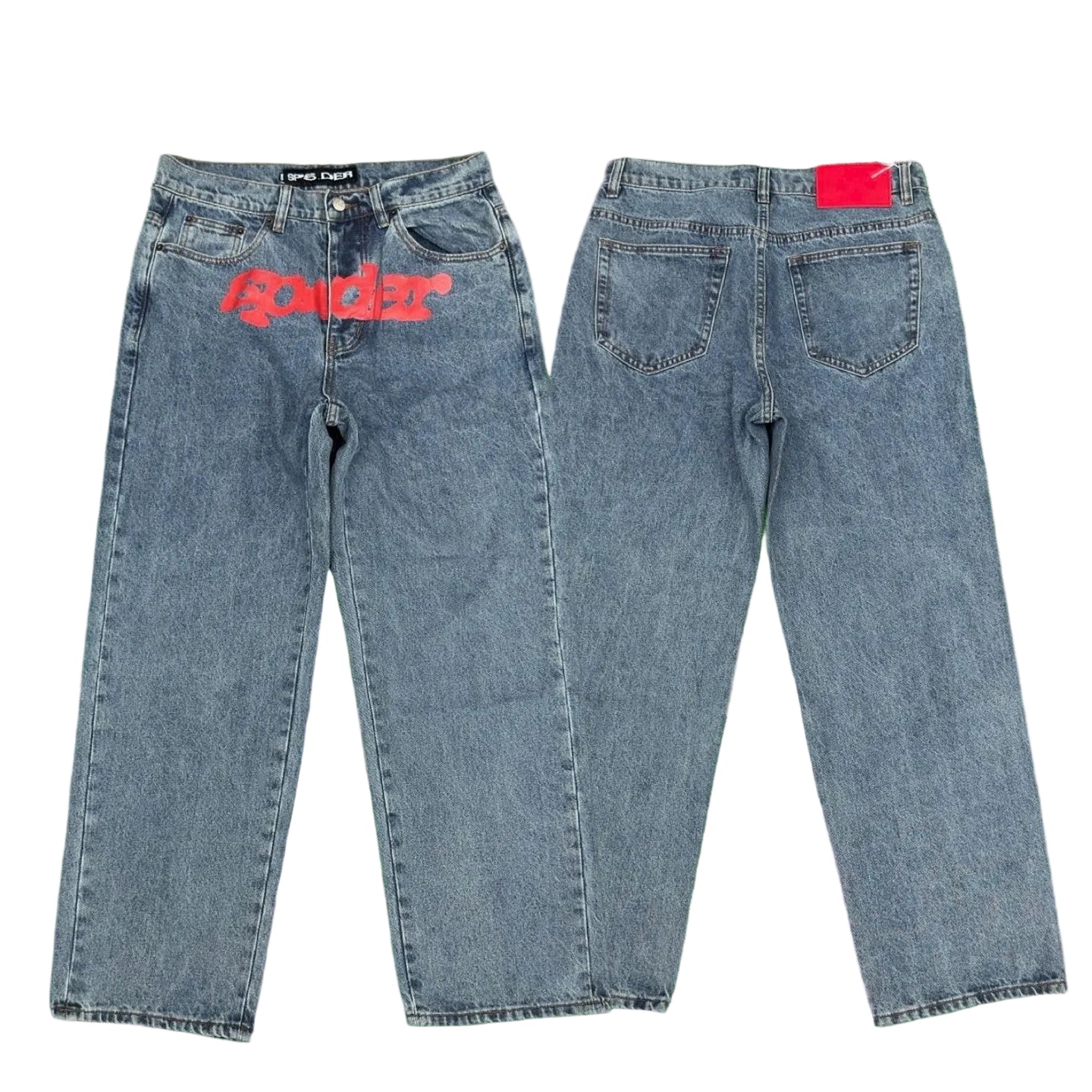 Spider red logo print light wash baggy denim jeans