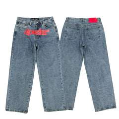 Spider red logo print light wash baggy denim jeans