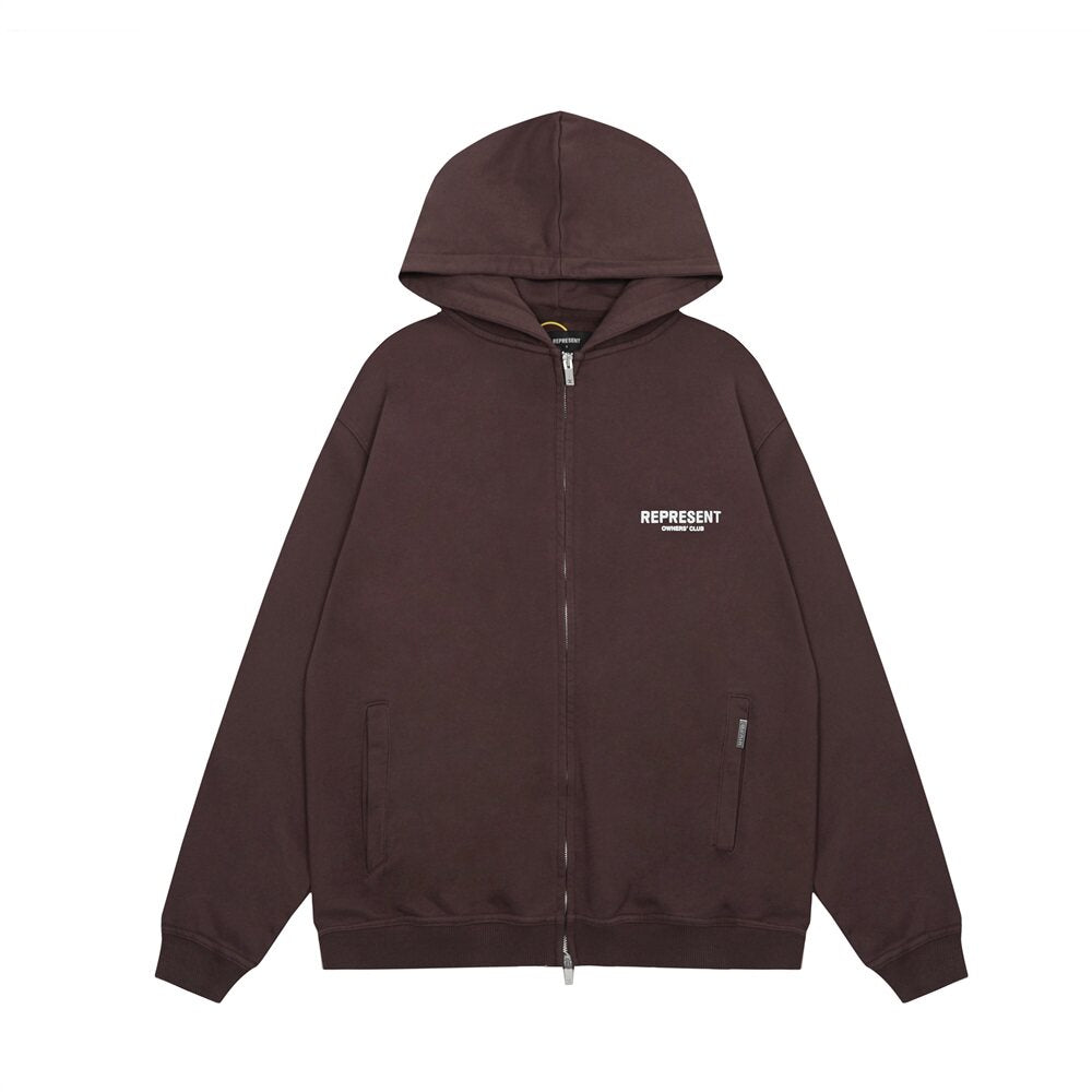 Represent Owners Club Brown Oversized Full Zip‑Up Hoodie
