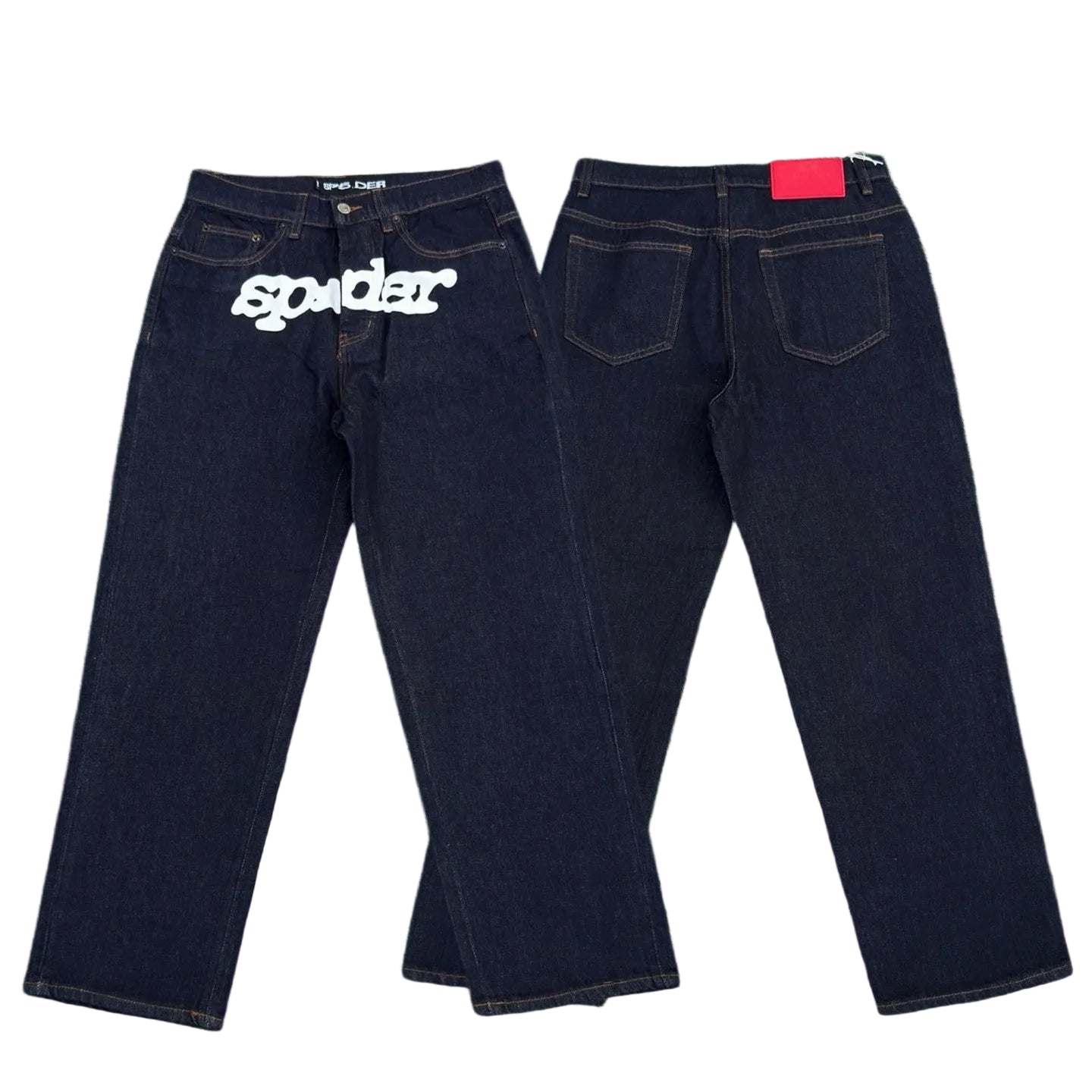 Spider white logo print raw indigo baggy denim jeans