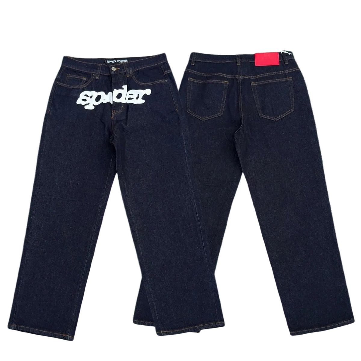 Spider white logo print raw indigo baggy denim jeans