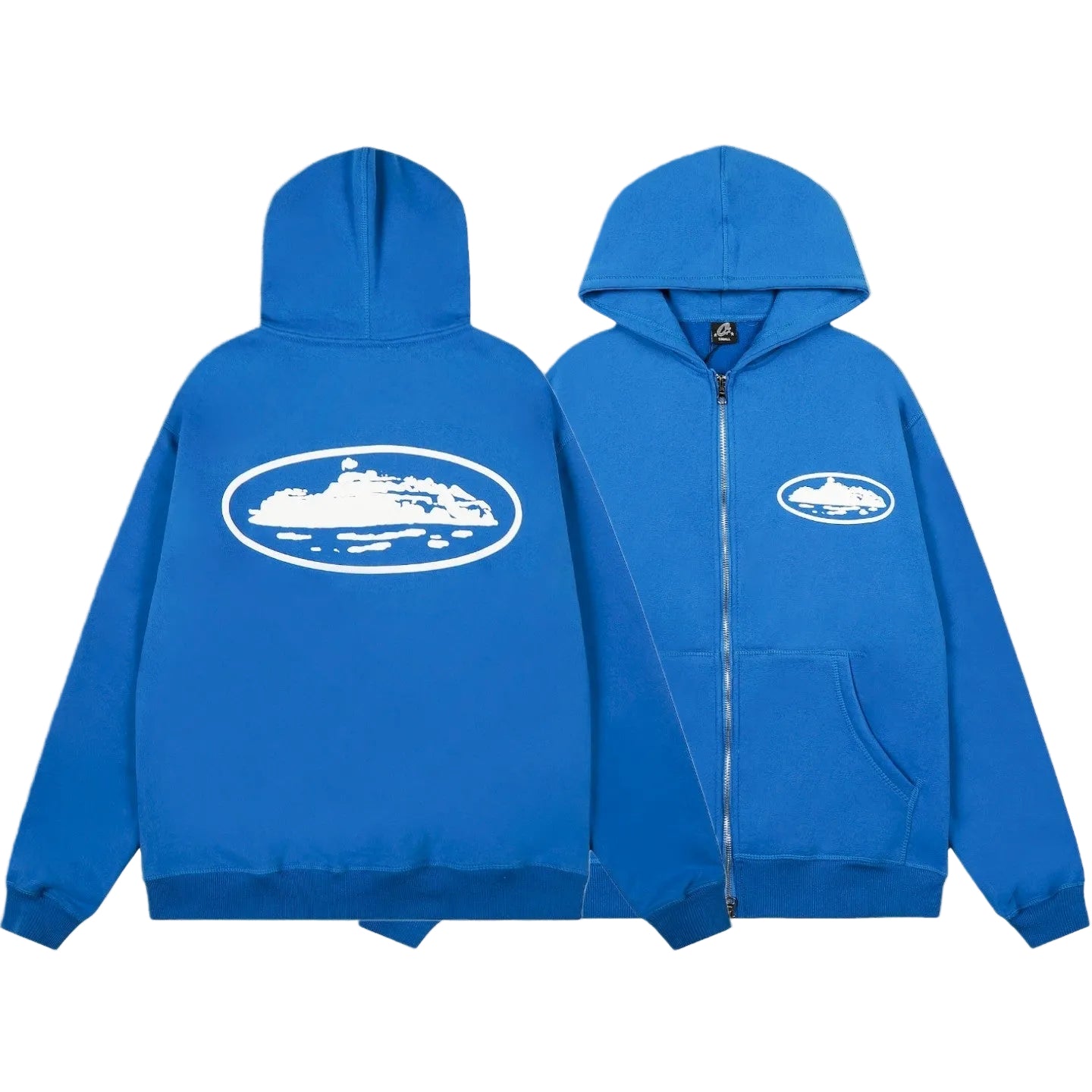Corteiz Oval Island Logo Full‑Zip Bright Blue Hooded Jacket