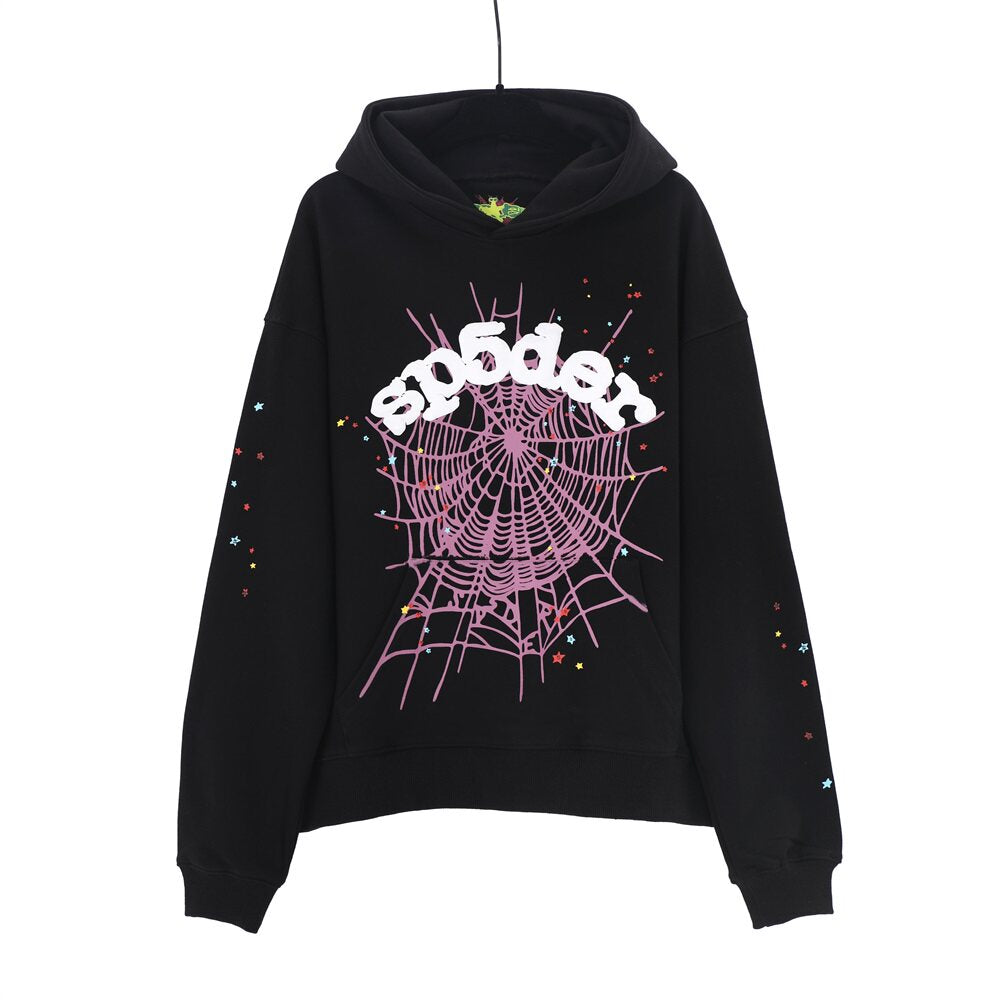 Spider star web graphic print black pullover hoodie