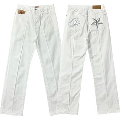 Corteiz C‑Star Embroidered White Wide Leg Denim Jeans